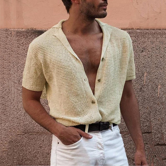 Gentleman Solid Knitted Cardigan Polo Shirts Spring Summer Men's Poloshirt Short Sleeve Sexy V Neck Buttons Cotton Clothing